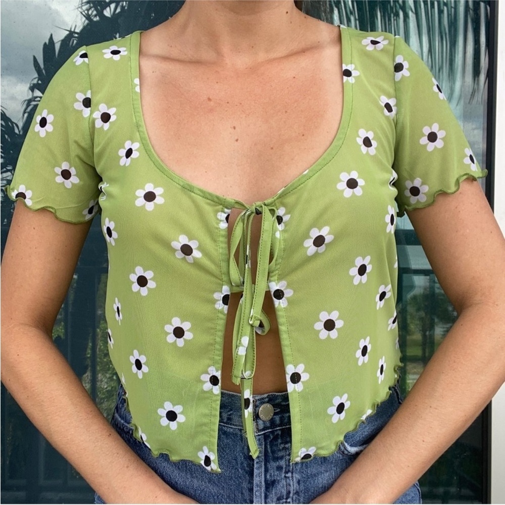 Green Floral Micro Mesh Crop Top